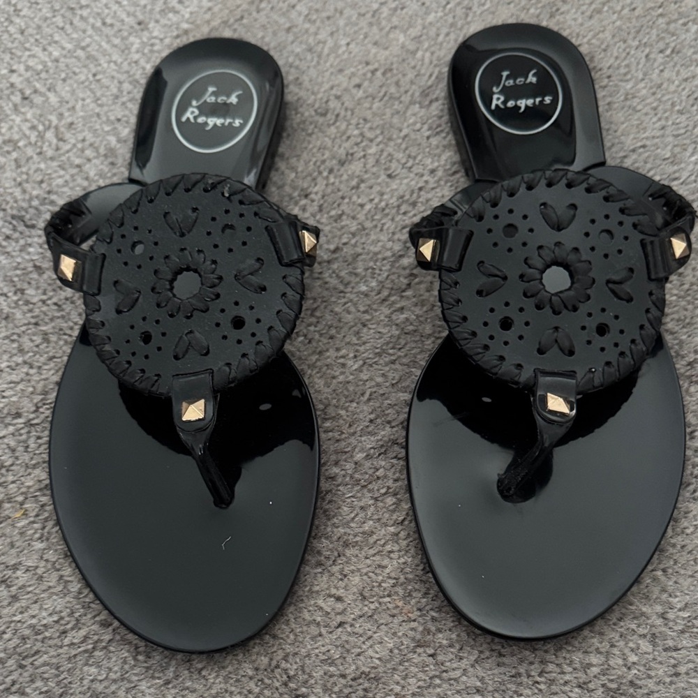 Jack Rogers Black Patent Sandal with Gold Stud Accents